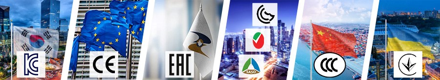 대한민국은  KC 인증 로고, 유럽은 CE 로고, 유라시아 연맹과 러시아는 EAC 로고, 중동은 G-Mark, ECAS와 SASO의 로고, 우크라이나는  UkrSEPRO 로고